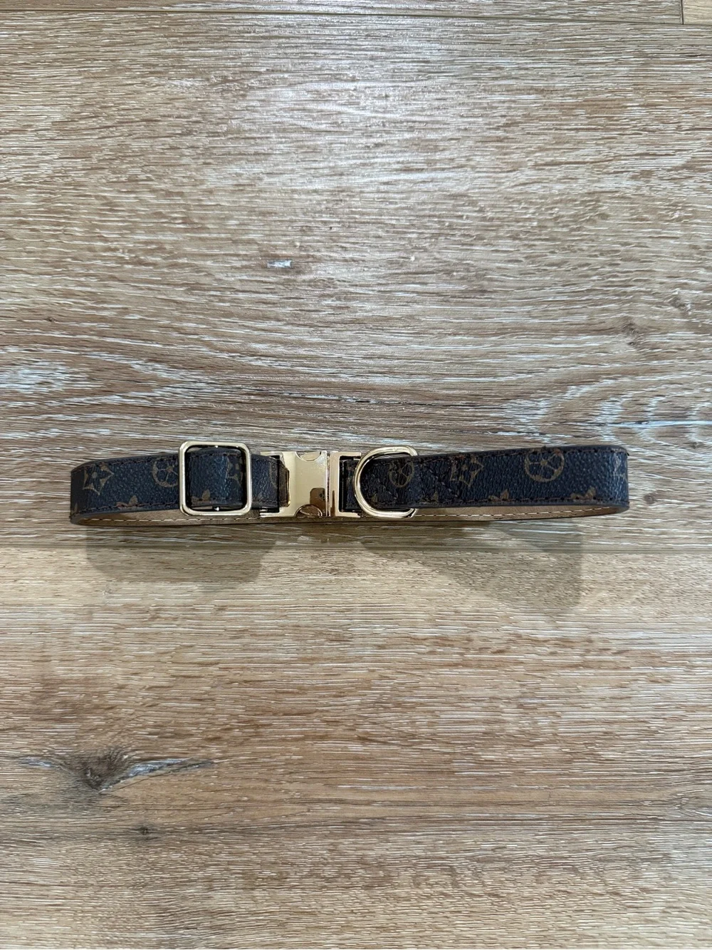 Gold-Trim Brown Patterned Dog Collar with Secure Buckle